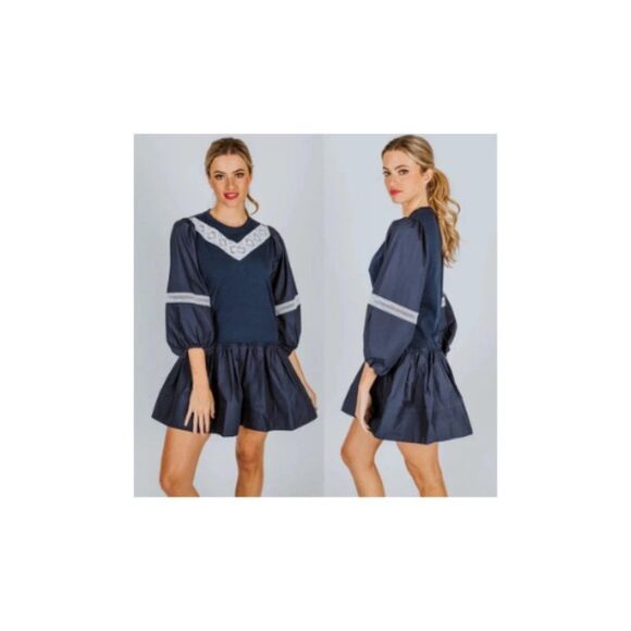 TANYA TAYLOR Kirstie Puff-Sleeve Drop-Waist Mini Dress Navy Blue Size Large NEW - Picture 2 of 4